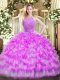 Lilac Zipper Halter Top Beading and Ruffled Layers Sweet 16 Dress Tulle Sleeveless