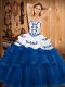 Sumptuous Strapless Sleeveless Ball Gown Prom Dress Sweep Train Embroidery and Ruffled Layers Blue Tulle