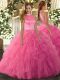 Vintage Sleeveless Floor Length Beading and Ruffles Backless Quinceanera Gowns with Hot Pink