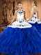 Satin and Organza Halter Top Sleeveless Lace Up Embroidery and Ruffles 15th Birthday Dress in Blue And White