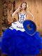 Nice Blue Lace Up Strapless Embroidery and Ruffles Sweet 16 Dress Satin and Organza Sleeveless