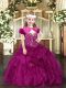 Adorable Floor Length Fuchsia Little Girls Pageant Dress Organza Sleeveless Beading and Ruffles