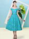 Teal Cap Sleeves Bowknot Tea Length Dama Dress for Quinceanera