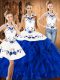 Sweet Embroidery and Ruffles Sweet 16 Dress Blue And White Lace Up Sleeveless Floor Length