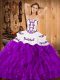 Eggplant Purple Satin and Organza Lace Up Sweet 16 Dress Sleeveless Floor Length Embroidery and Ruffles