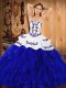 Blue And White Strapless Lace Up Embroidery and Ruffles Sweet 16 Dress Sleeveless Blue And White Strapless Lace Up Embroidery and Ruffles Sweet 16 Dress Sleeveless