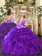 Excellent Purple Organza Lace Up Child Pageant Dress Sleeveless Floor Length Beading and Ruffles and Pick Ups