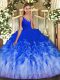 Multi-color Tulle Backless V-neck Sleeveless Floor Length Quinceanera Gown Beading and Ruffles