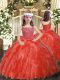 Coral Red Straps Lace Up Beading and Ruffles Little Girls Pageant Dress Sleeveless