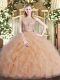 Sleeveless Tulle Floor Length Backless Quinceanera Dresses in Peach with Beading and Ruffles