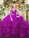 Custom Design Floor Length Fuchsia Sweet 16 Quinceanera Dress Fabric With Rolling Flowers Sleeveless Beading
