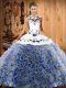 Charming Sweep Train Ball Gowns Sweet 16 Quinceanera Dress Multi-color Halter Top Fabric With Rolling Flowers Sleeveless Lace Up