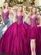 Fuchsia Three Pieces V-neck Sleeveless Tulle Floor Length Lace Up Beading Sweet 16 Quinceanera Dress