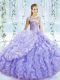 Charming Lavender Ball Gowns Sweetheart Sleeveless Organza Brush Train Lace Up Beading and Ruffles and Pick Ups Ball Gown Prom Dress