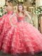Watermelon Red Zipper V-neck Ruffled Layers Quince Ball Gowns Organza Sleeveless
