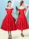 Shining Red Lace Up Quinceanera Dama Dress Bowknot Cap Sleeves Tea Length