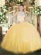 Dazzling Gold Tulle Zipper Scoop Sleeveless Floor Length Quinceanera Dress Lace