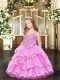 Rose Pink Organza Lace Up Little Girl Pageant Dress Sleeveless Floor Length Appliques and Ruffled Layers