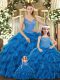 Edgy Teal Lace Up Quinceanera Gown Beading and Ruffles Sleeveless Floor Length