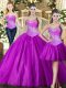 Floor Length Lace Up Ball Gown Prom Dress Fuchsia for Military Ball and Sweet 16 and Quinceanera with Beading