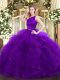 Sexy Purple Sleeveless Organza Clasp Handle Quinceanera Dress for Military Ball and Sweet 16 and Quinceanera