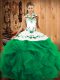 Lovely Turquoise Ball Gowns Halter Top Sleeveless Tulle Floor Length Lace Up Embroidery and Ruffles Quinceanera Gowns