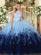 Multi-color Tulle Backless Quince Ball Gowns Sleeveless Floor Length Ruffles