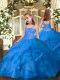 Affordable Blue Straps Lace Up Beading and Ruffles Little Girls Pageant Dress Wholesale Sleeveless