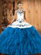 Perfect Floor Length Teal Ball Gown Prom Dress Halter Top Sleeveless Lace Up