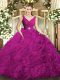 Fuchsia Backless V-neck Beading and Ruching Quinceanera Dress Fabric With Rolling Flowers Sleeveless