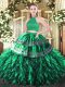 Dark Green Ball Gowns Satin and Organza Halter Top Sleeveless Beading and Embroidery and Ruffles Floor Length Backless 15th Birthday Dress