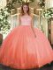 Exceptional Orange Red Ball Gowns Lace Quince Ball Gowns Clasp Handle Tulle Sleeveless Floor Length