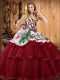 Stylish Wine Red Organza Lace Up Sweetheart Sleeveless Quinceanera Gown Sweep Train Embroidery