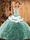 Fitting Multi-color Ball Gowns Satin and Fabric With Rolling Flowers Strapless Sleeveless Embroidery With Train Lace Up Quinceanera Gowns Sweep Train