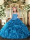 Sleeveless Organza Floor Length Lace Up Little Girl Pageant Gowns in Blue with Beading and Ruffles