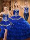 Floor Length Lace Up Ball Gown Prom Dress Blue for Military Ball and Sweet 16 and Quinceanera with Embroidery and Ruffled Layers