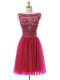 Hot Pink Empire Bateau Sleeveless Tulle Mini Length Zipper Beading Prom Evening Gown