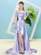 Superior Lavender Empire Elastic Woven Satin and Sequined Off The Shoulder Short Sleeves Sequins High Low Lace Up Homecoming Dress