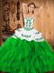 Green Satin and Organza Lace Up Strapless Sleeveless Floor Length 15th Birthday Dress Embroidery and Ruffles