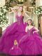 Modern Fuchsia Quinceanera Dress Military Ball and Sweet 16 and Quinceanera with Beading and Ruffles Straps Sleeveless Lace Up
