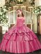 Rose Pink Ball Gowns Taffeta Straps Sleeveless Beading and Ruffled Layers Floor Length Lace Up Little Girls Pageant Dress Wholesale