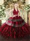 Wine Red Two Pieces Halter Top Sleeveless Organza Floor Length Zipper Appliques and Ruffles Ball Gown Prom Dress