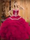 Fine Satin and Organza Sweetheart Sleeveless Lace Up Embroidery and Ruffles 15th Birthday Dress in Fuchsia