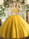 Pretty Gold Sleeveless Beading Floor Length Quince Ball Gowns