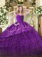 Fine Eggplant Purple Quinceanera Dress Military Ball and Sweet 16 and Quinceanera with Embroidery and Ruffled Layers Straps Sleeveless Zipper