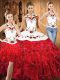 Graceful Sleeveless Floor Length Embroidery and Ruffles Lace Up Sweet 16 Dress with White And Red