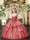 Coral Red Ball Gowns V-neck Sleeveless Organza Floor Length Lace Up Beading and Ruffled Layers Little Girl Pageant Dress