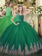 Deluxe Dark Green Zipper Straps Lace and Appliques 15 Quinceanera Dress Tulle Sleeveless
