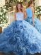 Baby Blue Zipper Scoop Beading and Ruffles Sweet 16 Dress Fabric With Rolling Flowers Sleeveless