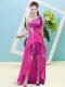 Elastic Woven Satin and Sequined One Shoulder Sleeveless Lace Up Beading and Sequins in Fuchsia